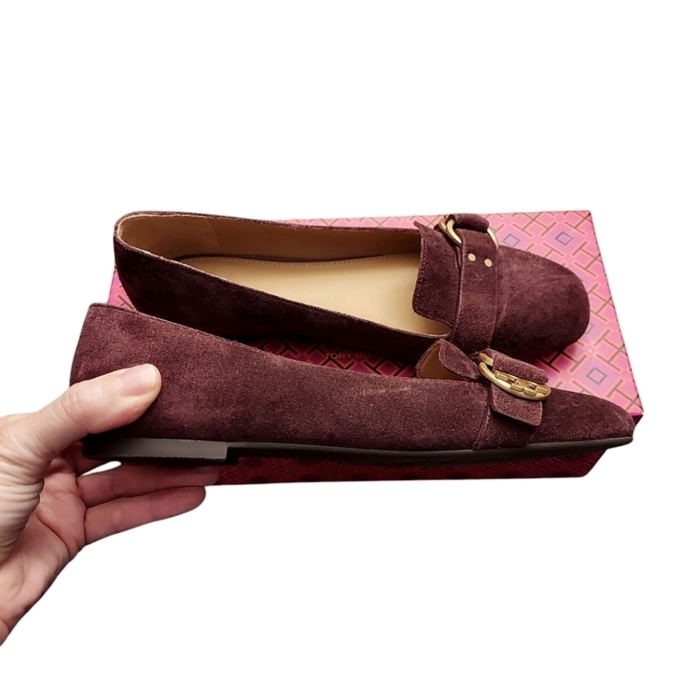 Tory Burch Burgundy Suede Loafers with Gold Hardware